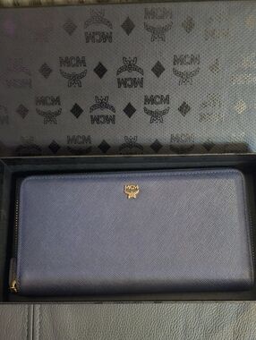 MCM Navy Zip-Around Saffiano Leather Wallet with Gold Logo